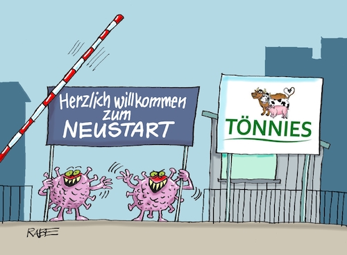 Cartoon: Neubeginn (medium) by RABE tagged virus,corona,pandemie,coronakrise,rabe,ralf,böhme,cartoon,karikatur,pressezeichnung,farbcartoon,tagescartoon,viren,virenschutz,mundschutz,desinfektion,föderal,föderalismus,ländersache,tönnies,schlachthof,schlachtbetrieb,neustart,neubeginn,nrw,laschet,hygienemaßnahmen,abstand,maskenpflicht,schweine,fleischzerlegung,virus,corona,pandemie,coronakrise,rabe,ralf,böhme,cartoon,karikatur,pressezeichnung,farbcartoon,tagescartoon,viren,virenschutz,mundschutz,desinfektion,föderal,föderalismus,ländersache,tönnies,schlachthof,schlachtbetrieb,neustart,neubeginn,nrw,laschet,hygienemaßnahmen,abstand,maskenpflicht,schweine,fleischzerlegung