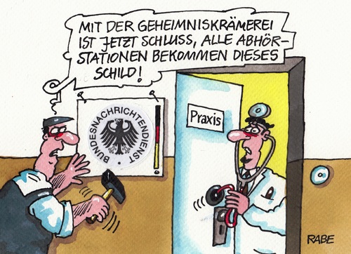 Cartoon: Neubeschilderung (medium) by RABE tagged bnd,bundesnachrichtendienst,nsa,abhöraffäre,geheimdienste,abhörstation,ausspähstation,wanzen,rabe,ralf,böhme,cartoon,karikatur,pressezeichnung,farbcartoon,arzt,sprechzimmer,beschilderung,stetoskop,lunge,abhören,atmung,bundesadler,nachrichtendienste,öffentlichkeit,transparenz,bnd,bundesnachrichtendienst,nsa,abhöraffäre,geheimdienste,abhörstation,ausspähstation,wanzen,rabe,ralf,böhme,cartoon,karikatur,pressezeichnung,farbcartoon,arzt,sprechzimmer,beschilderung,stetoskop,lunge,abhören,atmung,bundesadler,nachrichtendienste,öffentlichkeit,transparenz