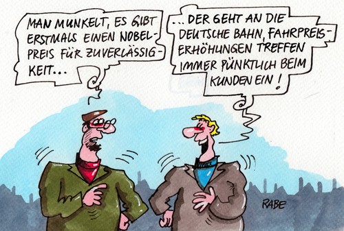 Cartoon: Nobelpreisverdächtig (medium) by RABE tagged nobel,nobelpreis,nobelpreisverleihung,stockholm,wirtschaft,chemie,physik,literatur,friedensnobelpreis,bahn,bundesbahn,verspätung,zugausfall,bahnsteig,reisende,kunden,rabe,ralf,böhme,cartoon,karikatur,pressezeichnung,farbcartoon,gleis,servicepoint,medizin,fahrpreis,ticket,fahrpreiserhöhung,bahncard,preissteigerung,dezember,nobel,nobelpreis,nobelpreisverleihung,stockholm,wirtschaft,chemie,physik,literatur,friedensnobelpreis,bahn,bundesbahn,verspätung,zugausfall,bahnsteig,reisende,kunden,rabe,ralf,böhme,cartoon,karikatur,pressezeichnung,farbcartoon,gleis,servicepoint,medizin,fahrpreis,ticket,fahrpreiserhöhung,bahncard,preissteigerung,dezember