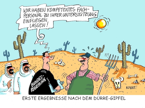 Cartoon: Nochmal Dürregipfel (medium) by RABE tagged sommer,sommerpause,urlaub,ferien,kältewelle,sommerloch,regenwetter,kälte,schlechtwetterfront,rabe,ralf,böhme,cartoon,karikatur,pressezeichnung,farbcartoon,tagescartoon,grill,bratwurst,glühwein,wärme,hitze,dürre,dürregipfel,klima,klimawandel,bauern,landwirte,unterstützung,ertrag,ernte,ernteausfälle,wüste,kakteen,sand,fachpersonal,scheichs,saudis,trockenheit,wassermangel,sommer,sommerpause,urlaub,ferien,kältewelle,sommerloch,regenwetter,kälte,schlechtwetterfront,rabe,ralf,böhme,cartoon,karikatur,pressezeichnung,farbcartoon,tagescartoon,grill,bratwurst,glühwein,wärme,hitze,dürre,dürregipfel,klima,klimawandel,bauern,landwirte,unterstützung,ertrag,ernte,ernteausfälle,wüste,kakteen,sand,fachpersonal,scheichs,saudis,trockenheit,wassermangel