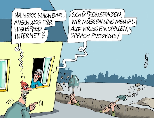 Cartoon: Nochmal Schützengraben (medium) by RABE tagged pistorius,verteidigungsminister,armee,bundeswehr,kriegsgefahr,europa,angstmacher,rebe,ralf,böhme,cartoon,karikatur,pressezeichnung,farbcartoon,tagescartoon,schützengraben,nachbar,telefonanschluss,bautrupp,bauarbeiter,kabelgraben,highspeed,internet,pistorius,verteidigungsminister,armee,bundeswehr,kriegsgefahr,europa,angstmacher,rebe,ralf,böhme,cartoon,karikatur,pressezeichnung,farbcartoon,tagescartoon,schützengraben,nachbar,telefonanschluss,bautrupp,bauarbeiter,kabelgraben,highspeed,internet