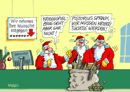 Cartoon: Nochmal Wunschzettel (medium) by RABE tagged pistorius,verteidigungsminister,europa,kriegsgefahr,warnung,bundeswehr,kriegsmüdigkeit,rabe,ralf,böhme,cartoon,karikatur,pressezeichnung,farbcaartoon,tagescartoon,weihnachten,weihnachtsmänner,auftragszentrale,wunschzettel,spielzeug,kriegsspielzeug,panzer,raketen,pistorius,verteidigungsminister,europa,kriegsgefahr,warnung,bundeswehr,kriegsmüdigkeit,rabe,ralf,böhme,cartoon,karikatur,pressezeichnung,farbcaartoon,tagescartoon,weihnachten,weihnachtsmänner,auftragszentrale,wunschzettel,spielzeug,kriegsspielzeug,panzer,raketen