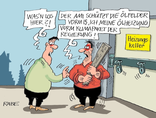 Cartoon: Ölheizungsschutz (medium) by RABE tagged klimawandel,umwelt,umweltministerin,schulze,sp,klimapreis,heizung,auto,rabe,ralf,böhme,cartoon,karikatur,pressezeichnung,farbcartoon,tagescartoon,brücke,bettler,verkehr,klimaprämie,friday,for,future,klimapaket,bundesregierung,ölheizung,öltank,ölfelder,syrien,usa,ami,trump,schutz,soldaten,bohrtürme,erdöl,ölscheichs,klimawandel,umwelt,umweltministerin,schulze,sp,klimapreis,heizung,auto,rabe,ralf,böhme,cartoon,karikatur,pressezeichnung,farbcartoon,tagescartoon,brücke,bettler,verkehr,klimaprämie,friday,for,future,klimapaket,bundesregierung,ölheizung,öltank,ölfelder,syrien,usa,ami,trump,schutz,soldaten,bohrtürme,erdöl,ölscheichs