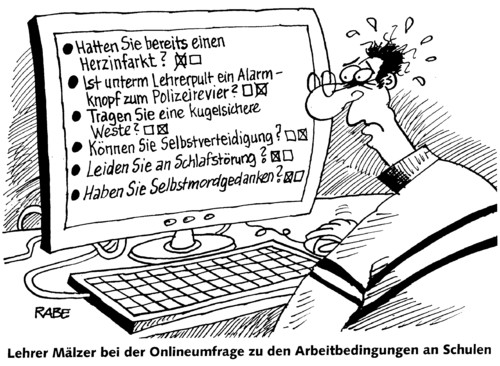 Cartoon: Onlineumfrage (medium) by RABE tagged lehrer,schule,bildungswesen,bildung,pisastudie,schulklasse,lehrerzimmer,kultusminister,schulsystem,umfrage,online,onlineumfrage,arbeit,arbeitsbedingungen,arbeitsklima,mobbing,herz,herzinfarkt,lehrerpult,alarmknopf,polizeirevier,polizeiwache,weste,schutzweste,kugel,kugelsicher,schußsicher,verteidigung,selbstverteidigung,schlaf,schlafstörung,mord,gedanken,selbstmord,selbstmordgedanken,lehrer,bildungswesen,schule,pisastudie,schulklasse,lehrerzimmer,bildung