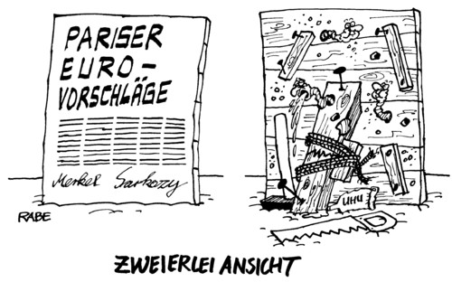 Cartoon: Pariser Ansicht (medium) by RABE tagged paris,euro,eurovorschläge,eu,krise,brüssel,frankreich,merkel,cdu,sarkozy,eurobond,rettungsschirm,schuldenkrise,staatschef,finanzchefs,kredit,zinsen,vertrag,unterschriften,holz,bretter,bretterwand,hammer,nägel,zange,leim,schnur,holzwürmer,borkenkäfer,zusammengenagelt,heimwerker,staatsschulden,euro,eu,brüssel,eurokrise,krise,frankreich,deutschland,paris,berlin,pariser