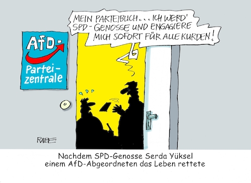 Cartoon: Parteiaustritt (medium) by RABE tagged adf,genosse,parteibuch,spd,nrw,herzinfarkt,gesundheitsausschuss,wiederbelebung,erste,hilfe,rabe,ralf,böhme,cartoon,karikatur,pressezeichnung,farbcartoon,tagescartoon,kurden,türkei,ausländer,parteizentrale,landtag,landtagsfraktion,serda,yüksel,adf,genosse,parteibuch,spd,nrw,herzinfarkt,gesundheitsausschuss,wiederbelebung,erste,hilfe,rabe,ralf,böhme,cartoon,karikatur,pressezeichnung,farbcartoon,tagescartoon,kurden,türkei,ausländer,parteizentrale,landtag,landtagsfraktion,serda,yüksel