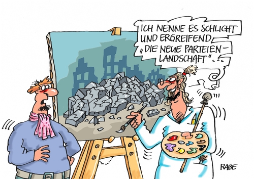 Cartoon: Parteienlandschaft (medium) by RABE tagged landtagswahlen,spd,zugpferd,gabriel,wahlprogramm,stimmenfang,rabe,ralf,böhme,cartoon,karikatur,pressezeichnung,farbcartoon,tagescartoon,flüchtlinge,flüchtlingskrise,trümmer,trümmerfeld,ruinen,parteienlandschaften,künstler,maler,leinwand,wahlergebnisse,niederlagen,wahlniederlagen,afd,landtagswahlen,spd,zugpferd,gabriel,wahlprogramm,stimmenfang,rabe,ralf,böhme,cartoon,karikatur,pressezeichnung,farbcartoon,tagescartoon,flüchtlinge,flüchtlingskrise,trümmer,trümmerfeld,ruinen,parteienlandschaften,künstler,maler,leinwand,wahlergebnisse,niederlagen,wahlniederlagen,afd