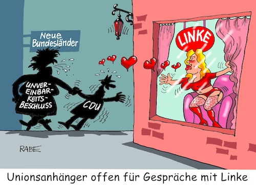 Cartoon: Parteienprostitution (medium) by RABE tagged umfragewerte,umfrageergebnisse,wahlen,landtagswahlen,wähler,stimmen,bundesländer,osten,union,cdu,linke,kommunisten,rabe,ralf,böhme,cartoon,karikatur,pressezeichnung,farbcartoon,tagescartoon,rotlicht,rotlichtviertel,prostitution,prostituierte,rotlichtmileu,liebe,erotik,schaufenster,unvereinbarkeit,unvereinbarkeitsbeschluss,umfragewerte,umfrageergebnisse,wahlen,landtagswahlen,wähler,stimmen,bundesländer,osten,union,cdu,linke,kommunisten,rabe,ralf,böhme,cartoon,karikatur,pressezeichnung,farbcartoon,tagescartoon,rotlicht,rotlichtviertel,prostitution,prostituierte,rotlichtmileu,liebe,sex,erotik,schaufenster,unvereinbarkeit,unvereinbarkeitsbeschluss