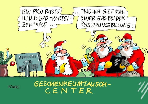 Cartoon: Parteizentrale (medium) by RABE tagged weihnachten,weihnachtsmann,bescherung,geschenke,weihnachtsbaum,rabe,ralf,böhme,cartoon,karikatur,pressezeichnung,farbcartoon,tagescartoon,umtauschzentrale,regierungsbildung,sondierung,groko,spd,union,merkel,schulz,pateizentrale,berlin,anschlag,pkw,benzin,gas,weihnachten,weihnachtsmann,bescherung,geschenke,weihnachtsbaum,rabe,ralf,böhme,cartoon,karikatur,pressezeichnung,farbcartoon,tagescartoon,umtauschzentrale,regierungsbildung,sondierung,groko,spd,union,merkel,schulz,pateizentrale,berlin,anschlag,pkw,benzin,gas