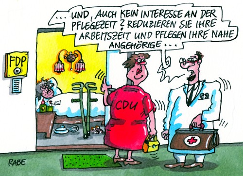 Cartoon: Pflegezeit (medium) by RABE tagged pflegezeit,arbeitszeit,pflegefall,angehörige,pfleger,cdu,fdp,familienmibnisterin,christina,schröder,bundesfamilienministerin,rabe,ralf,böhme,cartoon,karikatur,bett,krank,krücken,gehhilfe,rollator,medizin,arzt,arznei,interesse,familie,gesetz,bundesregierung,euro,krise,anspruch,beschäftigte,reduzierung,haus,wohnung,pflegezeit,arbeitszeit,pflegefall,angehörige,pfleger,cdu,fdp,familienmibnisterin,christina,schröder,bundesfamilienministerin,rabe,ralf,böhme,cartoon,karikatur,bett,krank,krücken,gehhilfe,rollator,medizin,arzt,arznei,interesse,familie,gesetz,bundesregierung,euro,krise,anspruch,beschäftigte,reduzierung,haus,wohnung