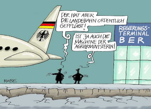 Cartoon: Pflughafen (medium) by RABE tagged hauptstadtflughafen,ber,flughafen,schönefeld,tempelhof,regierungsterminal,terminal,rabe,ralf,böhme,cartoon,karikatur,pressezeichnung,farbcartoon,tagescartoon,klöckner,agrarministerin,flieger,maschine,pilot,pflug,acker,corona,landebahn,hauptstadtflughafen,ber,flughafen,schönefeld,tempelhof,regierungsterminal,terminal,rabe,ralf,böhme,cartoon,karikatur,pressezeichnung,farbcartoon,tagescartoon,klöckner,agrarministerin,flieger,maschine,pilot,pflug,acker,corona,landebahn