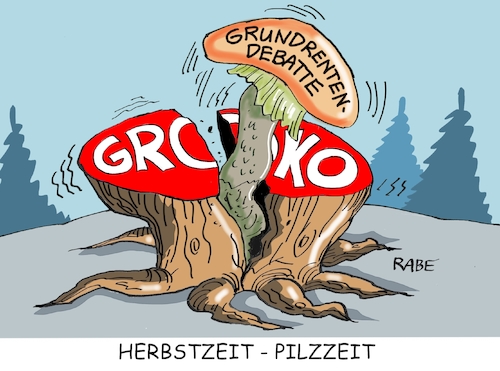 Cartoon: Pilzezeit (medium) by RABE tagged groko,union,cdu,csu,spd,merkel,akk,berlin,bundesregierung,befragung,rabe,ralf,böhme,cartoon,karikatur,pressezeichnung,farbcartoon,tagescartoon,prügelei,halbzeit,halbzeitbilanz,mauer,grundrente,grundrentendebatte,herbstzeit,pilzezeit,bedürftigkeit,bedürftigkeitsprüfung,einkommen,rentner,lebensleistung,vermögen,groko,union,cdu,csu,spd,merkel,akk,berlin,bundesregierung,befragung,rabe,ralf,böhme,cartoon,karikatur,pressezeichnung,farbcartoon,tagescartoon,prügelei,halbzeit,halbzeitbilanz,mauer,grundrente,grundrentendebatte,herbstzeit,pilzezeit,bedürftigkeit,bedürftigkeitsprüfung,einkommen,rentner,lebensleistung,vermögen