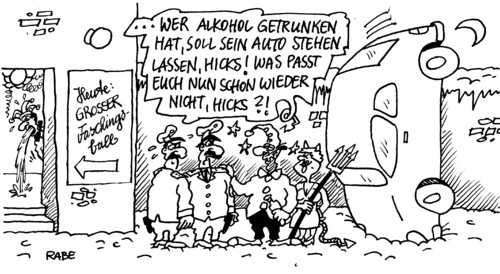 Cartoon: PKW-Fasching (medium) by RABE tagged karneval,fasching,narren,pappnase,faschingsball,prunksitzung,narrenkappe,elferrat,büttenabend,mainz,köln,düsseldorf,büttenredner,schunkeln,luftballon,girlande,konfetti,luftschlange,polizei,streife,verkehrskontrolle,polizeibeamte,ehepaar,mann,frau,kostüm,verkleiden,clown,teufel,dreizack,hölle,betrunken,alkohol,torkeln,lallen,beschwippst,schnapsflasche,promille,promillegrenze,pusten,schlangenlinie,auto,pkw,karneval,fasching,narren,pappnase,faschingsball,prunksitzung,narrenkappe,büttenabend,mainz,köln,düsseldorf,büttenredner,luftballon,girlande,konfetti,luftschlange