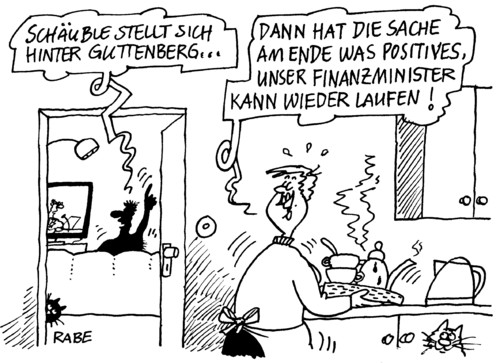 Cartoon: Positives Ende (medium) by RABE tagged guttenberg,verteidigungsminister,csu,afghanistan,doktorarbeit,plagiat,plagiatsvorwurf,stellungnahme,merkel,knazlerin,cdu,bundesregierung,schäuble,finanzminister,stehen,laufen,gehen,euro,krise,mann,frau,ehepaar,katzen,wohnzimmer,küche,fernseher,nachrichten,nachrichtensprecher,tagesschau,lampe,türe,kaffeegeschirr,tasse,teller,tablett,anbauküche,guttenberg,csu,verteidigungsminister,doktorarbeit,plagiat