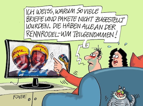 Cartoon: Post geht ab (medium) by RABE tagged oberhof,rennrodler,rennrodeln,schlitten,bob,bobbahn,eiskanal,sportler,rabe,ralf,böhme,cartoon,karikatur,pressezeichnung,farbcartoon,tagescartoon,sieger,goldmedaillen,post,dhl,streik,briefzusteller,paketzusteller,verzögerung,fehlleitung,verspätung,zustellung,oberhof,rennrodler,rennrodeln,schlitten,bob,bobbahn,eiskanal,sportler,rabe,ralf,böhme,cartoon,karikatur,pressezeichnung,farbcartoon,tagescartoon,sieger,goldmedaillen,post,dhl,streik,briefzusteller,paketzusteller,verzögerung,fehlleitung,verspätung,zustellung