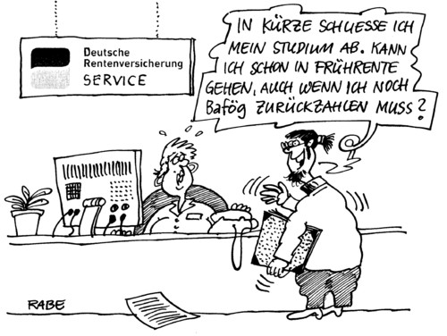 Cartoon: Rentenbescheidenes (medium) by RABE tagged rente,rentenbescheid,rentner,frührentner,vorruhestand,arbeitsministerin,von,der,leyen,cdu,rentenstelle,ältere,deutsche,rentenversicherung,studium,student,bafög,zurückzahlung,rentenbeiträge,bundesregierung,kanzlerin,merkel,euro,rentenerhöhung,rente,rentenbescheid,rentner,frührentner,vorruhestand,arbeitsministerin,leyen