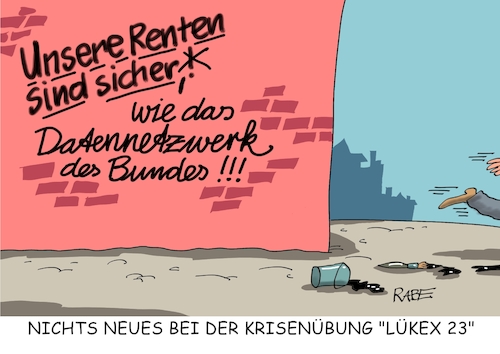 Cartoon: Rentensicherheit (medium) by RABE tagged rentner,rente,renteneintritt,renteneintrittsalter,erhöhung,formel,rabe,ralf,böhme,cartoon,karikatur,pressezeichnung,farbcartoon,tagescartoon,cyberkriminalität,hacker,datenschutz,krisenübung,bund,länder,behörden,sicherheit,lükex,hauswand,schmiererei,it,netz,internet,rentner,rente,renteneintritt,renteneintrittsalter,erhöhung,formel,rabe,ralf,böhme,cartoon,karikatur,pressezeichnung,farbcartoon,tagescartoon,cyberkriminalität,hacker,datenschutz,krisenübung,bund,länder,behörden,sicherheit,lükex,hauswand,schmiererei,it,netz,internet