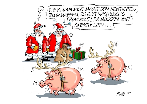 Cartoon: Rentiermangel (medium) by RABE tagged weihnachten,weihnachtsmann,nikolaus,nikolaustag,stiefel,nikolausstiefelmichel,cartoon,karikatur,pressezeichnung,farbcartoon,tagescartoon,rute,besen,geschenke,dezember,rentiere,klimawandel,klimakrise,nachwuchs,rentiernachwuchs,lappen,lappland,nordpol,schwein,sau,geweihatrappe,weihnachten,weihnachtsmann,nikolaus,nikolaustag,stiefel,nikolausstiefelmichel,cartoon,karikatur,pressezeichnung,farbcartoon,tagescartoon,rute,besen,geschenke,dezember,rentiere,klimawandel,klimakrise,nachwuchs,rentiernachwuchs,lappen,lappland,nordpol,schwein,sau,geweihatrappe