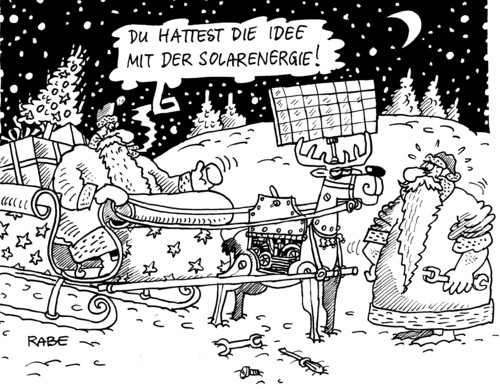 Cartoon: Rentierschlitten (medium) by RABE tagged rentierschlitten,weihnachten,bescherung,weihnachtsmänner,christbaum,geschenke,schnee,advent,euro,sonne,sonnenenergie,solarzellen,strom,nacht,rentier,einsparung,schlitten,rentierschlitten,weihnachten,bescherung,weihnachtsmänner,christbaum,geschenke,schnee,advent,sonnenenergie,solarzellen