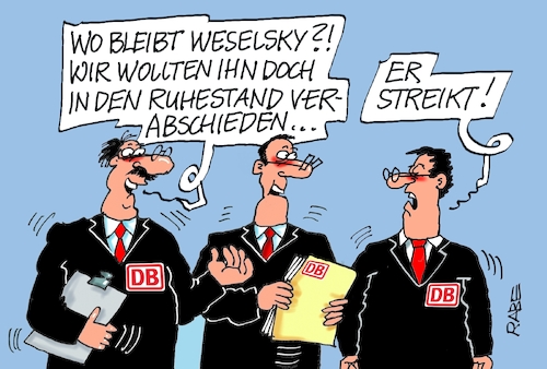 Cartoon: Rentnerstreik (medium) by RABE tagged db,bahn,gewerkschaft,gdl,gewerkschaftsboss,weselsky,rabe,ralf,böhme,cartoon,karikatur,pressezeichnung,farbcartoon,tagescartoon,streik,rente,rentner,verabschiedung,db,bahn,gewerkschaft,gdl,gewerkschaftsboss,weselsky,rabe,ralf,böhme,cartoon,karikatur,pressezeichnung,farbcartoon,tagescartoon,streik,rente,rentner,verabschiedung