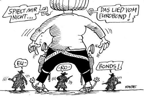 Cartoon: Revolverhelden Text1 (medium) by RABE tagged merkel,kanzlerin,cdu,bundesregierung,bond,eurobonds,eu,eurokrise,eurogipfel,brüssel,finanzchefs,fiskalpakt,western,westernheld,revolver,revolverheld,bondgirl,spiel,lied,tod,duell,schuldenkrise,regierungserklärung,staatsverschuldung,eurozone,rettungsschirm,griechenland,spanien