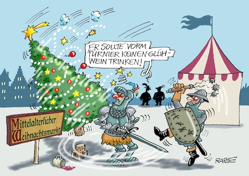 Cartoon: Ritterspiele (medium) by RABE tagged stollen,lebkuchen,schokoweihnachtsmänner,weihnachtsbäckerei,rabe,ralf,böhme,cartoon,karikatur,pressezeichnung,farbcartoon,tagescartoon,weihnachtsmann,weihnachtsmarkt,historisches,mittelalter,mittelaltermarkt,glühwein,ritter,ritterrüstung,schwert,weihnachtsbaum,stollen,lebkuchen,schokoweihnachtsmänner,weihnachtsbäckerei,rabe,ralf,böhme,cartoon,karikatur,pressezeichnung,farbcartoon,tagescartoon,weihnachtsmann,weihnachtsmarkt,historisches,mittelalter,mittelaltermarkt,glühwein,ritter,ritterrüstung,schwert,weihnachtsbaum