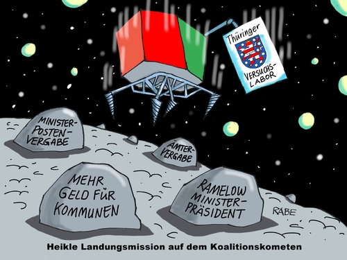 Cartoon: Rosetta Thüringen (medium) by RABE tagged rosetta,komet,landung,landungsmission,tschuri,minilabor,darmstadt,raumsonde,rakete,weltall,rabe,ralf,böhme,cartoon,karikatur,pressezeichnung,farbcartoon,tagescartoon,thüringen,landtag,landesregierung,koalitionsverhandlungen,ministerpräsident,lieberknecht,ramelow,spd,linke,unrechtsstaat,ddr,grüne,ministerposten,ämter,rosetta,komet,landung,landungsmission,tschuri,minilabor,darmstadt,raumsonde,rakete,weltall,rabe,ralf,böhme,cartoon,karikatur,pressezeichnung,farbcartoon,tagescartoon,thüringen,landtag,landesregierung,koalitionsverhandlungen,ministerpräsident,lieberknecht,ramelow,spd,linke,unrechtsstaat,ddr,grüne,ministerposten,ämter