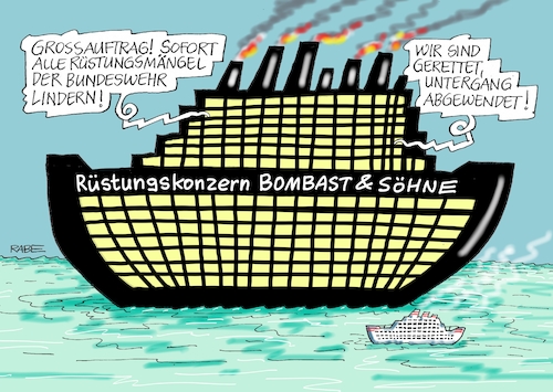 Cartoon: Rüstungstanker (medium) by RABE tagged rüstungskonzerne,rüstungsindustrie,bundeswehr,großauftrag,waffenlieferung,verteidigungsministerin,ursula,von,der,leyen,rabe,ralf,böhme,cartoon,karikatur,pressezeichnung,farbcartoon,tagescartoon,schiff,tanker,meer,untergang,rettung,ausrüstungsmängel,rüstungskonzerne,rüstungsindustrie,bundeswehr,großauftrag,waffenlieferung,verteidigungsministerin,ursula,von,der,leyen,rabe,ralf,böhme,cartoon,karikatur,pressezeichnung,farbcartoon,tagescartoon,schiff,tanker,meer,untergang,rettung,ausrüstungsmängel