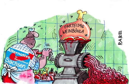 Cartoon: Sachsen Afd (medium) by RABE tagged sachsen,afd,alternative,für,deutschland,dresden,weinböhla,parteitag,rechts,rechte,nazis,rabe,ralf,böhme,cartoon,karikatur,pressezeichnung,farbcartoon,tagescartoon,metzger,fleischer,fleischwolf,mett,sachsen,afd,alternative,für,deutschland,dresden,weinböhla,parteitag,rechts,rechte,nazis,rabe,ralf,böhme,cartoon,karikatur,pressezeichnung,farbcartoon,tagescartoon,metzger,fleischer,fleischwolf,mett