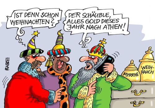 Cartoon: Schäublegold (medium) by RABE tagged griechenlan,athen,hilfspaket,abstimmung,bundestag,schäble,abweichler,kauder,rabe,ralf,böhme,cartoon,karikatur,pressezeichnung,farbcartoon,tagescartoon,heilige,drei,könige,weihnachten,weihrauch,myrrhe,gold,stern,betlehem,stall,jesuskind,tsipras,griechenlan,athen,hilfspaket,abstimmung,bundestag,schäble,abweichler,kauder,rabe,ralf,böhme,cartoon,karikatur,pressezeichnung,farbcartoon,tagescartoon,heilige,drei,könige,weihnachten,weihrauch,myrrhe,gold,stern,betlehem,stall,jesuskind,tsipras