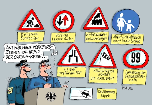 Cartoon: Schildbürgerei (medium) by RABE tagged virus,corona,pandemie,coronakrise,rabe,ralf,böhme,cartoon,karikatur,pressezeichnung,farbcartoon,tagescartoon,viren,virenschutz,mundschutz,desinfektion,föderal,föderalismus,ländersache,abstandsregeln,verschwörungstherien,fdp,laschet,söder,polizei,verkehrszeichen,schule,gegenwind,reproduktionszahlen,volldampf,lockerungen,virus,corona,pandemie,coronakrise,rabe,ralf,böhme,cartoon,karikatur,pressezeichnung,farbcartoon,tagescartoon,viren,virenschutz,mundschutz,desinfektion,föderal,föderalismus,ländersache,abstandsregeln,verschwörungstherien,fdp,laschet,söder,polizei,verkehrszeichen,schule,gegenwind,reproduktionszahlen,volldampf,lockerungen