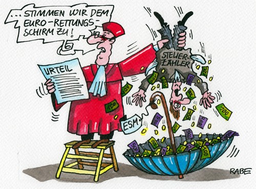 Cartoon: Schirmherrschaft (medium) by RABE tagged rettungsschirm,esm,eurokrise,euro,rettungspaket,griechenland,karlsruhe,bundesverfassungsgericht,rabe,ralf,böhme,cartoon,karikatur,pressezeichnung,farbcartoon,urteil,zustimmung,geldscheine,euromünzen,steuerzahler,schäuble,merkel,cdu,rettungsschirm,esm,eurokrise,euro,rettungspaket,griechenland,karlsruhe,bundesverfassungsgericht,rabe,ralf,böhme,cartoon,karikatur,pressezeichnung,farbcartoon,urteil,zustimmung,geldscheine,euromünzen,steuerzahler,schäuble,merkel,cdu