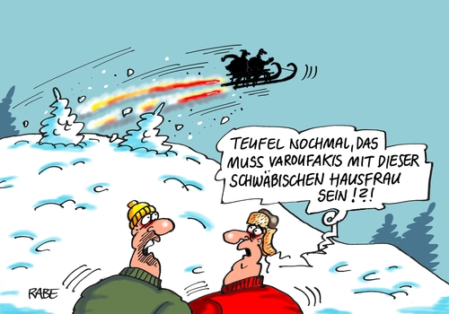 Cartoon: Schlittenfahrt zwei (medium) by RABE tagged griechenland,athen,austritt,eurozone,linksbündnis,rabe,ralf,böhme,cartoon,karikatur,pressezeichnung,farbcartoon,tagescartoon,syriza,tsipras,ezb,brüssel,schuldenschnitt,varoufakis,finanzminister,schäuble,berlin,schwaben,hausfrau,schlitten,rodel,winter,griechenland,athen,austritt,eurozone,linksbündnis,rabe,ralf,böhme,cartoon,karikatur,pressezeichnung,farbcartoon,tagescartoon,syriza,tsipras,ezb,brüssel,schuldenschnitt,varoufakis,finanzminister,schäuble,berlin,schwaben,hausfrau,schlitten,rodel,winter