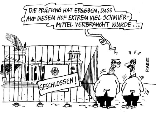 Cartoon: Schmierstoffe (medium) by RABE tagged dioxinskandal,umweltminister,verbraucherschutz,euro,bundesregierung,verbaucher,absperrung,reichstag,industriefette,schmierstoffe,hühnerhof,dioxin,ei,skandal,lebensmittel,eier,verunreinigung,grenzwert,verseuchung,vergiftung,gift,futtermittel,essen,tierfutter,nahrung,ernährung,restaurant,frühstück,verbraucher,verbraucherschutz