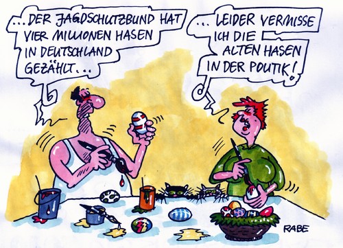 Cartoon: Schönfärberei (medium) by RABE tagged bundesregierung,bundestag,bundespolitiker,abgeordneter,volksvertreter,kanzlerin,merkel,cdu,csu,fdp,linke,spd,grüne,euro,krise,opposition,koalition,schwarzgelb,ostern,osterei,eierschale,osterfarbe,farbe,pinsel,rührholz,farbnapf,farbtopf,ostergras,osterhase,osterlamm,kücken,huhn,hahn,henne,hase,feldhase,kaninchen,fuchs,jäger,jagd,jagdwesen,treibjagd,jagdschutzbund,hochsitz,jagdgewehr,katzen,mann,frau,ehepaar,osterkorb,deutschland,bundesrepublik,bundesregierung,bundestag,bundespolitiker,abgeordneter,volksvertreter,merkel,cdu,csu,fdp,linke,spd,grüne