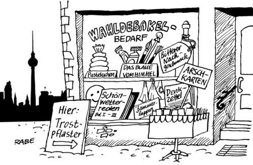 Cartoon: Schönreden (medium) by RABE tagged wahlkabine,wahllokal,wähler,wahlsonntag,wahlniederlagen,wahldebakel,stimmzettel,wahlurne,wahlbetrug,stimmabgabe,berlin,hauptstadt,grüne,linke,spd,cdu,fdp,piratenparte,rechte,künast,wowereit,rösler,merkel,kanzlerin,stimmungsbarometer,tortendiagramm,wahlstudio,zdf,hauptstadtstudio,wählergunst,politikverdrossenheit,europapolitik,griechenlandhilfe,schuldenkrise,rettungsschirm,euro,eunachgeschmack,arschkarte,himmel,pustekuchen,schönreden,trostpflaster,denkzettel,jammerlappen,abgeordnetenhauswahl,landesparlament,sitze,meinungsumfrage,bürgermeister,spitzenkandidat,regierungspartener,wahlsieg,wahlniederlage,wahlschlappe,wahldebakel,wahlniederlagen,wahlsonntag,wähler,wahllokal,wahl,wahlen