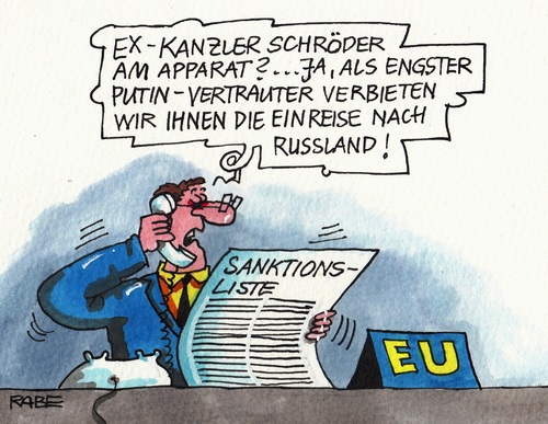 Cartoon: Schrödersanktion (medium) by RABE tagged exkanzler,gerhard,schröder,spd,putin,kremlchef,moskau,ukraine,ukrainekrise,separatisten,russland,russen,prorussland,rabe,ralf,böhme,cartoon,karikatur,pressezeichnung,farbcartoon,tagescartoon,eu,brüssel,usa,sanktionen,wirtschaftssanktionen,sanktionsliste,einreiseverbot,vertrauter,exkanzler,gerhard,schröder,spd,putin,kremlchef,moskau,ukraine,ukrainekrise,separatisten,russland,russen,prorussland,rabe,ralf,böhme,cartoon,karikatur,pressezeichnung,farbcartoon,tagescartoon,eu,brüssel,usa,sanktionen,wirtschaftssanktionen,sanktionsliste,einreiseverbot,vertrauter