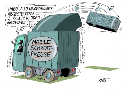 Cartoon: Schrottpresse nochmal (medium) by RABE tagged scheuer,verkehrsminister,roller,unfallae,straßenverkehr,unaufmerksamkeit,rabe,ralf,böhme,cartoon,karikatur,pressezeichnung,farbcartoon,tagescartoon,baum,pkw,schrott,schrottpresse,scooter,abstellplatz,parken,ungeordnet,großstädte,probleme,behinderung,umweltbelastung,scheuer,verkehrsminister,roller,unfallae,straßenverkehr,unaufmerksamkeit,rabe,ralf,böhme,cartoon,karikatur,pressezeichnung,farbcartoon,tagescartoon,baum,pkw,schrott,schrottpresse,scooter,abstellplatz,parken,ungeordnet,großstädte,probleme,behinderung,umweltbelastung