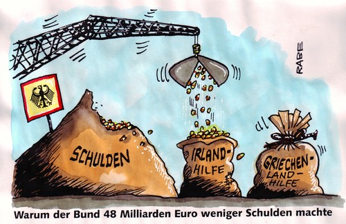 Cartoon: Schuldenabbau (medium) by RABE tagged bund,bundesadler,bundesregierung,schulden,schuldenberg,schuldenfalle,hilfspaket,rettungspaket,euro,eurozone,eurostaaten,europäische,union,finanzminister,kanzlerin,kredit,kredithilfe,rückzahlung,kran,baggerschaufel,geldsäcke,krise,bund,bundesadler,bundesregierung,schulden,schuldenberg,schuldenfalle,hilfspaket,rettungspaket,eurozone,eurostaaten,europäische,union,finanzminister,kredit,kredithilfe,geldsäcke,rückzahlung,krise