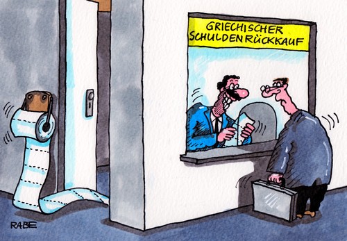 Cartoon: Schuldenrückkauf (medium) by RABE tagged schulden,schuldenkrise,schuldenrückkauf,griechenland,athen,schuldenschnitt,kanzlerin,merkel,finanzchefs,schäuble,cdu,rabe,ralf,böhme,cartoon,karikatur,klopapier,toilettenpapier,aktien,banker,halter,staatspapiere,laufzeit,wertpapiere,milliardenpaket,milliardenhilfe,hilfspaket,geldgeber,börse,börsenpapiere,schulden,schuldenkrise,schuldenrückkauf,griechenland,athen,schuldenschnitt,kanzlerin,merkel,finanzchefs,schäuble,cdu,rabe,ralf,böhme,cartoon,karikatur,klopapier,toilettenpapier,aktien,banker,halter,staatspapiere,laufzeit,wertpapiere,milliardenpaket,milliardenhilfe,hilfspaket,geldgeber,börse,börsenpapiere