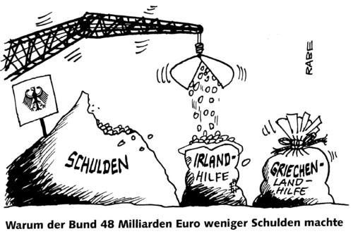 Cartoon: Schuldentilgung (medium) by RABE tagged schuldenberg,euro,kredit,bundesadler,kran,bagger,geldsäcke,hilfspakete,eurozone,irland,griechenland,schulden,münzen,bund,schuldenminderung,bund,bundesadler,bundesregierung,schulden,schuldenberg,schuldenfalle,hilfspaket,rettungspaket,eurozone,eurostaaten,europäische,union,finanzminister,kredit,kredithilfe,geldsäcke,rückzahlung,krise