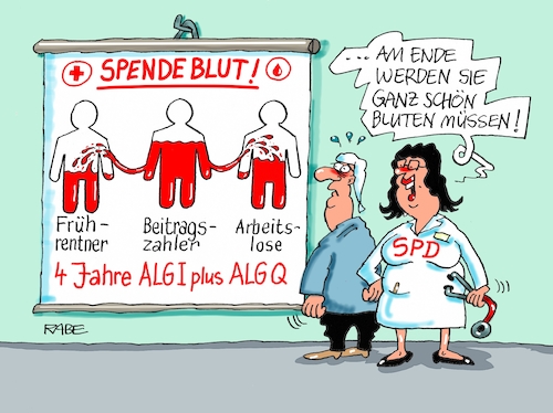 Cartoon: Schulz Nahles Agenda (medium) by RABE tagged martin,schulz,nahles,spd,kanzlerkandidat,wahlprogramm,agenda,frührentner,beitragszahler,rentenreform,wahlprogram,bundestagswahl,arbeitslose,rabe,ralf,böhme,cartoon,karikatur,pressezeichnung,farbcartoon,tagescartoon,blut,blutspende,blutspendezentrale,arzt,ärztin,michl,martin,schulz,nahles,spd,kanzlerkandidat,wahlprogramm,agenda,frührentner,beitragszahler,rentenreform,wahlprogram,bundestagswahl,arbeitslose,rabe,ralf,böhme,cartoon,karikatur,pressezeichnung,farbcartoon,tagescartoon,blut,blutspende,blutspendezentrale,arzt,ärztin,michl