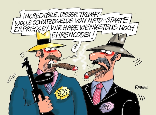 Cartoon: Schutzgelder (medium) by RABE tagged trump,wahlkampf,usa,knast,gefängnis,fahndungsfoto,polizeifoto,haft,anklage,rabe,ralf,böhme,cartoon,karikatur,pressezeichnung,farbcartoon,tagescartoon,wahlkampfrede,biden,schutzgelder,schutzgelderpressung,mafia,mafiamethoden,abkassierung,nato,natostaaten,natoverbündete,europa,russland,schutz,trump,wahlkampf,usa,knast,gefängnis,fahndungsfoto,polizeifoto,haft,anklage,rabe,ralf,böhme,cartoon,karikatur,pressezeichnung,farbcartoon,tagescartoon,wahlkampfrede,biden,schutzgelder,schutzgelderpressung,mafia,mafiamethoden,abkassierung,nato,natostaaten,natoverbündete,europa,russland,schutz