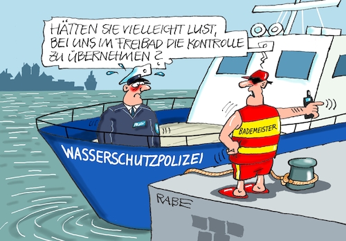 Cartoon: Schutzpolizei (medium) by RABE tagged freibad,schwimmbad,bademeister,rettungsschwimmer,basin,anweisungen,rabe,ralf,böhme,cartoon,karikatur,pressezeichnung,farbcartoon,tagescartoon,stöpsel,abfluss,platzverweis,polizeipräsenz,wasserschutz,wasserschutzpolizei,aufsichtspflicht,berlin,neukölln,verbote,kontrollen,politik,innenminister,magistrat,freibad,schwimmbad,bademeister,rettungsschwimmer,basin,anweisungen,rabe,ralf,böhme,cartoon,karikatur,pressezeichnung,farbcartoon,tagescartoon,stöpsel,abfluss,platzverweis,polizeipräsenz,wasserschutz,wasserschutzpolizei,aufsichtspflicht,berlin,neukölln,verbote,kontrollen,politik,innenminister,magistrat