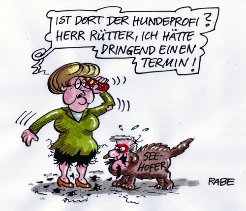 Cartoon: Seehoferkläffer (medium) by RABE tagged kanzlerin,merkel,cdu,schwesterpartei,csu,seehofer,bayern,koalitionspartener,koalitionsstreit,betreuungsgeld,herdprämie,kita,hund,hundeprofi,martin,rütter,vox,dackel,terrier,hundeleine,maulkorb,hundetrainer,beisskorb,wadenbeisser,kläffer,kanzlerin,merkel,cdu,schwesterpartei,seehofer,koalitionsstreit,koalitionspartener,bayern