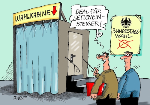 Cartoon: Seiteneinsteiger (medium) by RABE tagged bundestagswahl,wähler,wahlkabine,seiteneinsteiger,treppe,tür,rabe,ralf,böhme,cartoon,karikatur,merkel,schulz,duellesekt,champagner,champagnerforschung,bundestagswahl,wähler,wahlkabine,seiteneinsteiger,treppe,tür,rabe,ralf,böhme,cartoon,karikatur,merkel,schulz,duellesekt,champagner,champagnerforschung