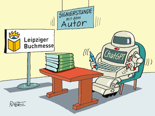 Cartoon: Signierstunde (medium) by RABE tagged buchmesse,frankfurt,leipzig,bücher,literatur,fachbücher,messestand,leser,rabe,ralf,böhme,cartoon,karikatur,pressezeichnung,farbcartoon,tagescartoon,signierstunde,autor,autorenlesung,messehalle,besucher,ki,chatgpt,intelligenz,internet,roboter,buchmesse,frankfurt,leipzig,bücher,literatur,fachbücher,messestand,leser,rabe,ralf,böhme,cartoon,karikatur,pressezeichnung,farbcartoon,tagescartoon,signierstunde,autor,autorenlesung,messehalle,besucher,ki,chatgpt,intelligenz,internet,roboter