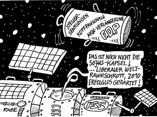 Cartoon: Sojus (medium) by RABE tagged liberale,fdp,westerwelle,brüderle,bahr,rösler,lindner,parteispitze,parteiführung,parteikremium,landtag,krise,parteikrise,führungskrise,bundesregierung,koalition,schwarzgelb,außenminister,wirtschaftsminister,gesundheitsminister,euro,steuersenkung,kopfpauschale,akw,verlängerung,sojus,kapsel,weltraumkapsel,weltraummüll,weltraumschrott,iss,kosmonaut,weltall,sterne,himmel,raumstation,raumschiff,solarsegel,mülltonne,kolission,zusammenstoß,abwahl,neuwahl,parteitag,sonnensogel,meteorit,liberale,fdp,westerwelle,vizekanzler,außenminister,rösler,gesundheitsminister,parteisekretär,brüderle,lindner