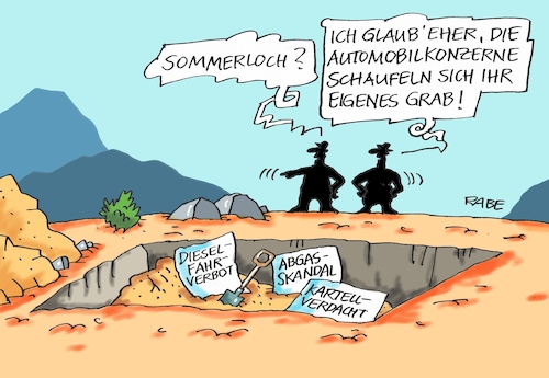 Cartoon: Sommerloch Autokonzerne (medium) by RABE tagged sommer,sommerloch,urlaubszeit,grab,erde,schaufel,auto,automobilkonzerne,audi,bmw,vw,porsche,daimler,autofahrer,steuerzahler,abgasmanipulation,abgaswerte,rabe,ralf,böhme,cartoon,karikatur,pressezeichnung,farbcartoon,tagescartoon,diesel,dieselfahrverbot,innenstädte,abgasskandal,kartellverdacht,kartell,kartellabsprachen,dobrindt,verkehrsminister,sommer,sommerloch,urlaubszeit,grab,erde,schaufel,auto,automobilkonzerne,audi,bmw,vw,porsche,daimler,autofahrer,steuerzahler,abgasmanipulation,abgaswerte,rabe,ralf,böhme,cartoon,karikatur,pressezeichnung,farbcartoon,tagescartoon,diesel,dieselfahrverbot,innenstädte,abgasskandal,kartellverdacht,kartell,kartellabsprachen,dobrindt,verkehrsminister