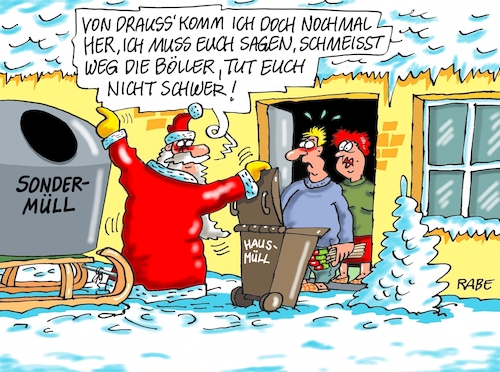 Cartoon: Sondermüll II (medium) by RABE tagged klimawandel,umwelt,umweltministerin,schulze,sp,klimapreis,heizung,auto,rabe,ralf,böhme,cartoon,karikatur,pressezeichnung,farbcartoon,tagescartoon,brücke,bettler,verkehr,klimaprämie,friday,for,future,silvester,neujahr,jahreswechsel,weihnachten,weihnachtsmann,müll,mülltonnen,sondermüll,raketen,böller,knaller,silvesterknaller,klimawandel,umwelt,umweltministerin,schulze,sp,klimapreis,heizung,auto,rabe,ralf,böhme,cartoon,karikatur,pressezeichnung,farbcartoon,tagescartoon,brücke,bettler,verkehr,klimaprämie,friday,for,future,silvester,neujahr,jahreswechsel,weihnachten,weihnachtsmann,müll,mülltonnen,sondermüll,raketen,böller,knaller,silvesterknaller